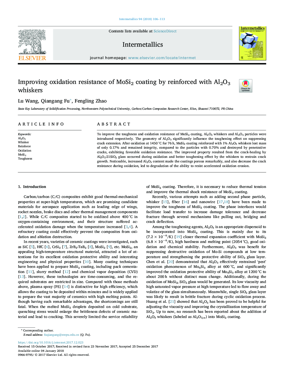 Improving oxidation resistance of MoSi2 coating by reinforced with Al2O3 whiskers