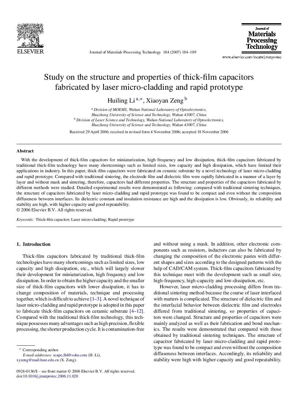 Study on the structure and properties of thick-film capacitors fabricated by laser micro-cladding and rapid prototype