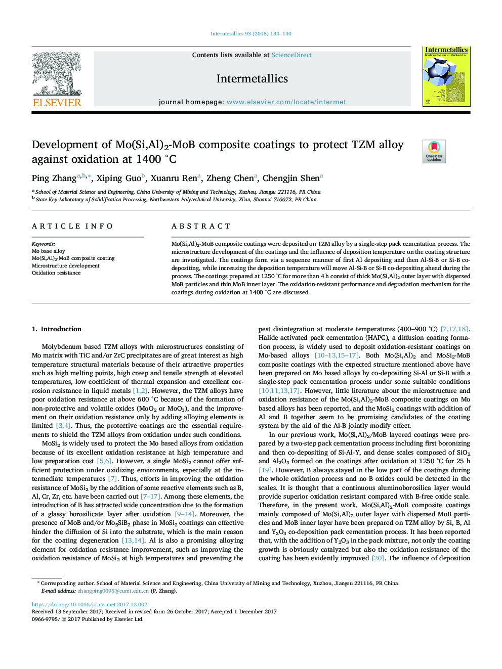 Development of Mo(Si,Al)2-MoB composite coatings to protect TZM alloy against oxidation at 1400Â Â°C