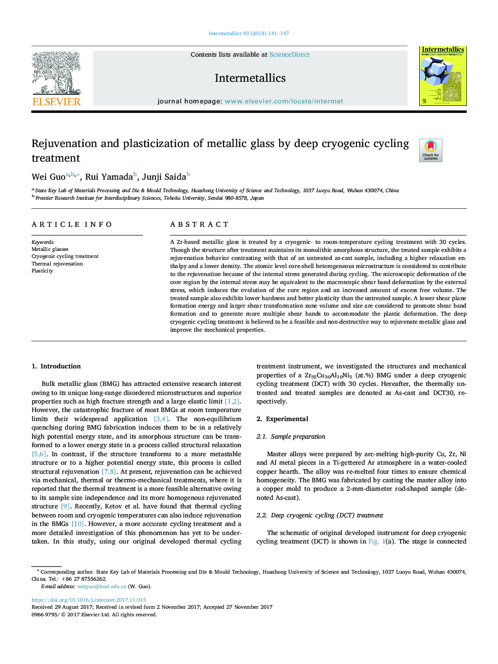 Rejuvenation and plasticization of metallic glass by deep cryogenic cycling treatment