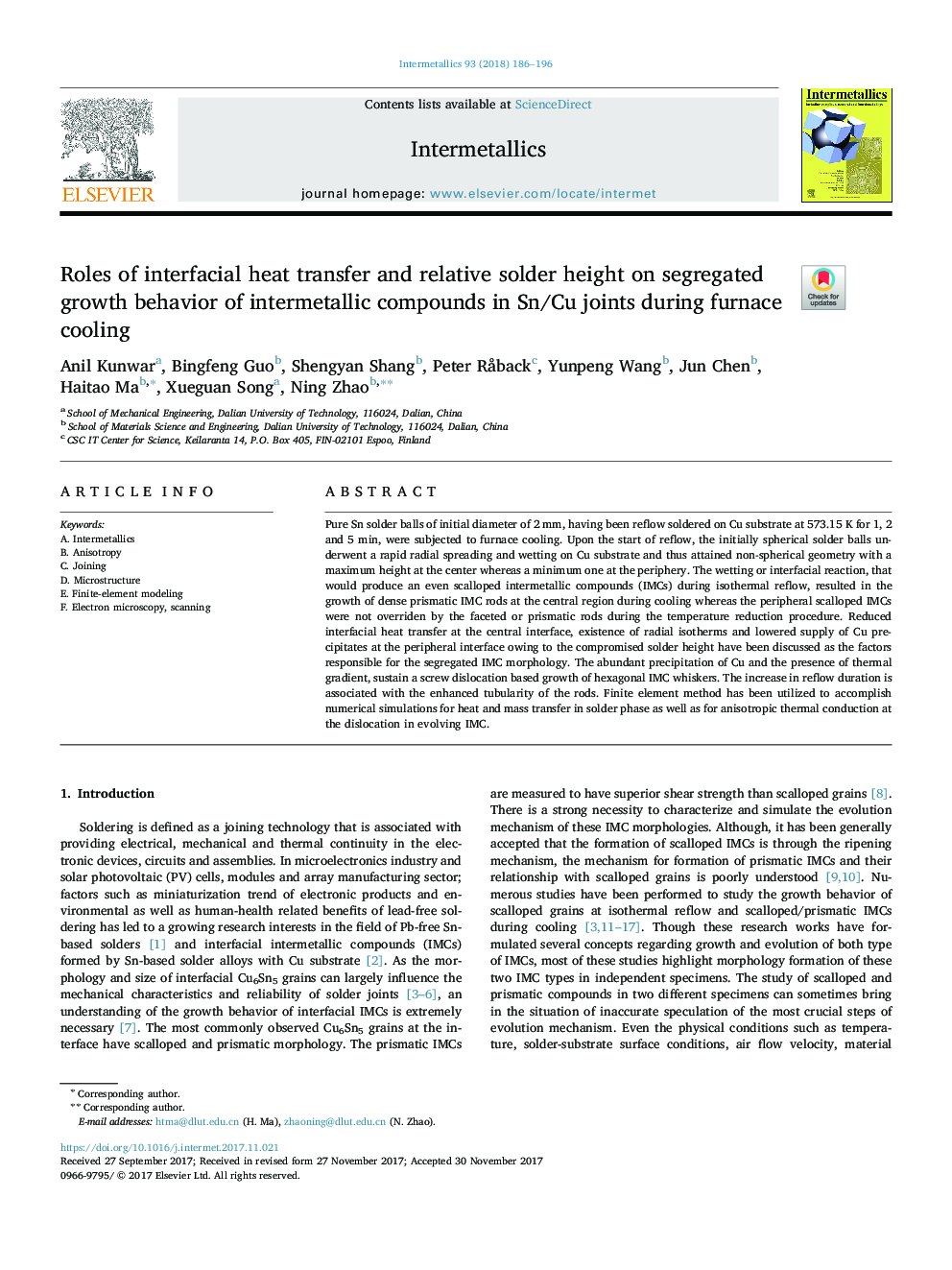 Roles of interfacial heat transfer and relative solder height on segregated growth behavior of intermetallic compounds in Sn/Cu joints during furnace cooling