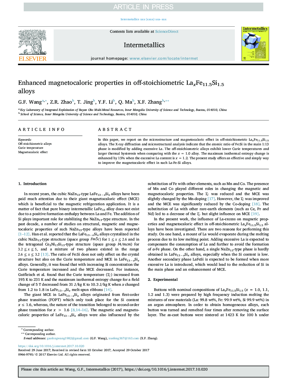 عکس صفحه اول مقاله: Enhanced magnetocaloric properties in off-stoichiometric LaxFe11.5Si1.5 alloys Enhanced magnetocaloric properties in off-stoichiometric LaxFe11.5Si1.5 alloys
