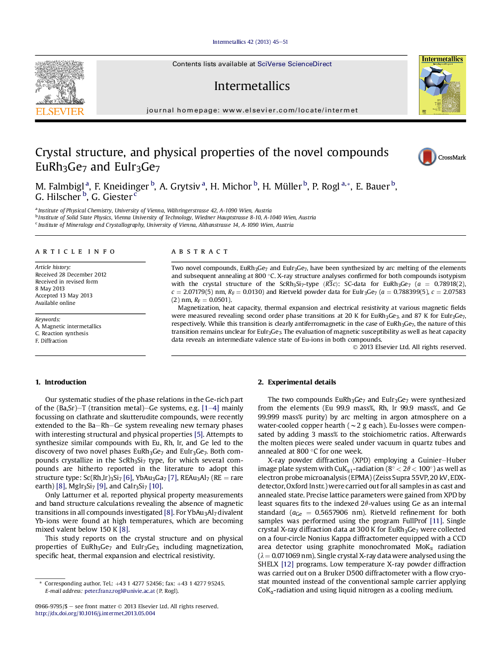 Crystal structure, and physical properties of the novel compounds EuRh3Ge7 and EuIr3Ge7