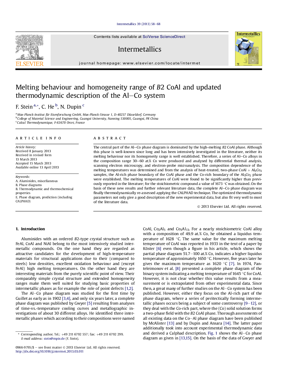 Melting behaviour and homogeneity range of B2 CoAl and updated thermodynamic description of the Al-Co system