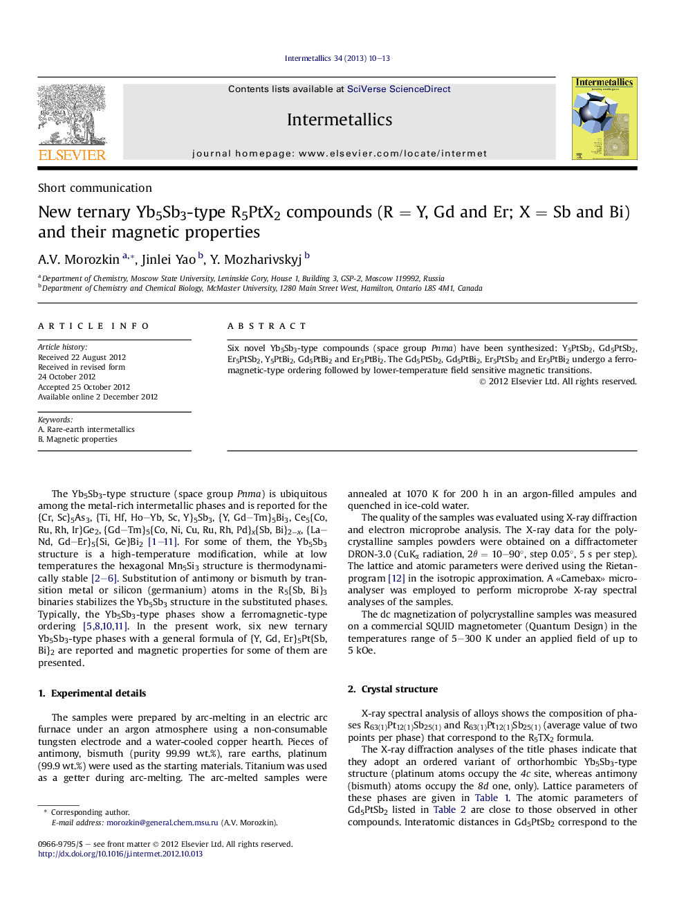 New ternary Yb5Sb3-type R5PtX2 compounds (RÂ =Â Y, Gd and Er; XÂ =Â Sb and Bi) and their magnetic properties