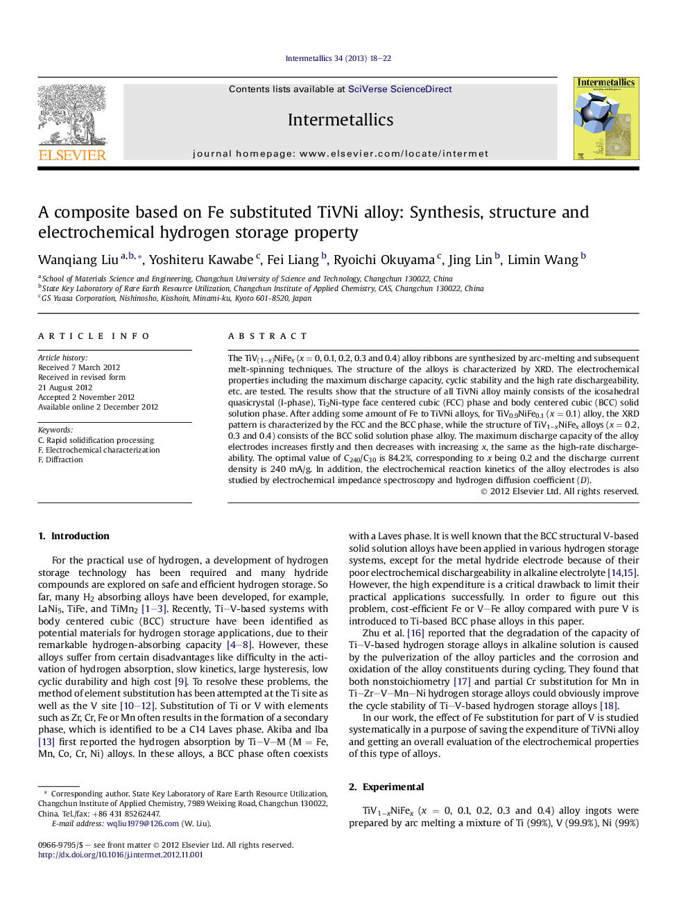 A composite based on Fe substituted TiVNi alloy: Synthesis, structure and electrochemical hydrogen storage property