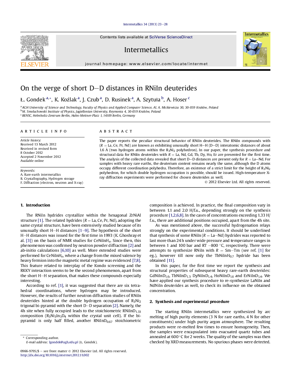 On the verge of short D-D distances in RNiIn deuterides