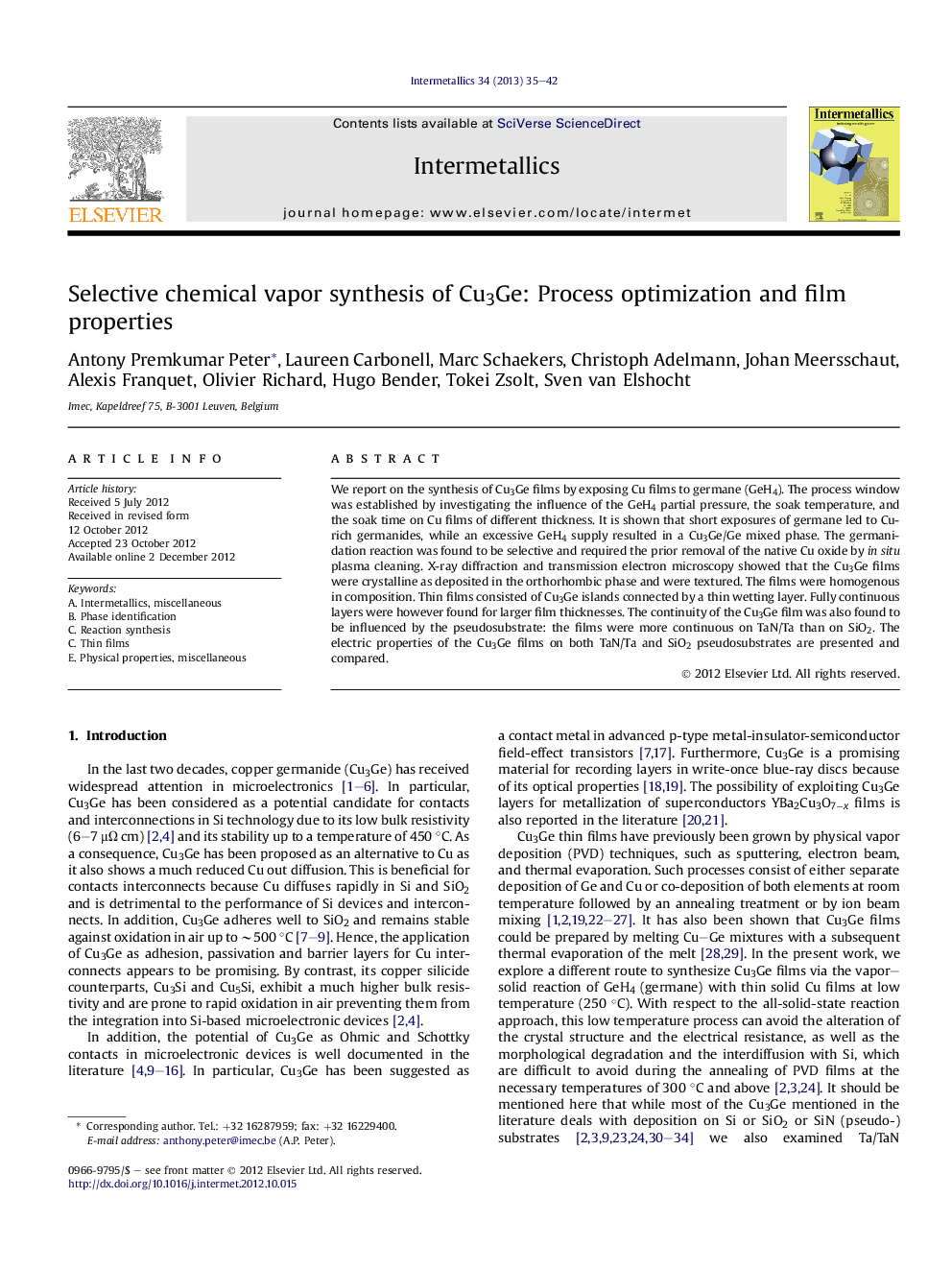 Selective chemical vapor synthesis of Cu3Ge: Process optimization and film properties