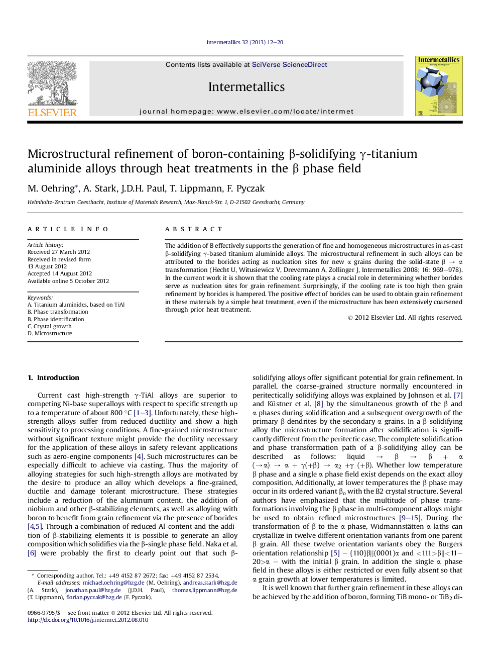 Microstructural refinement of boron-containing Î²-solidifying Î³-titanium aluminide alloys through heat treatments in the Î² phase field