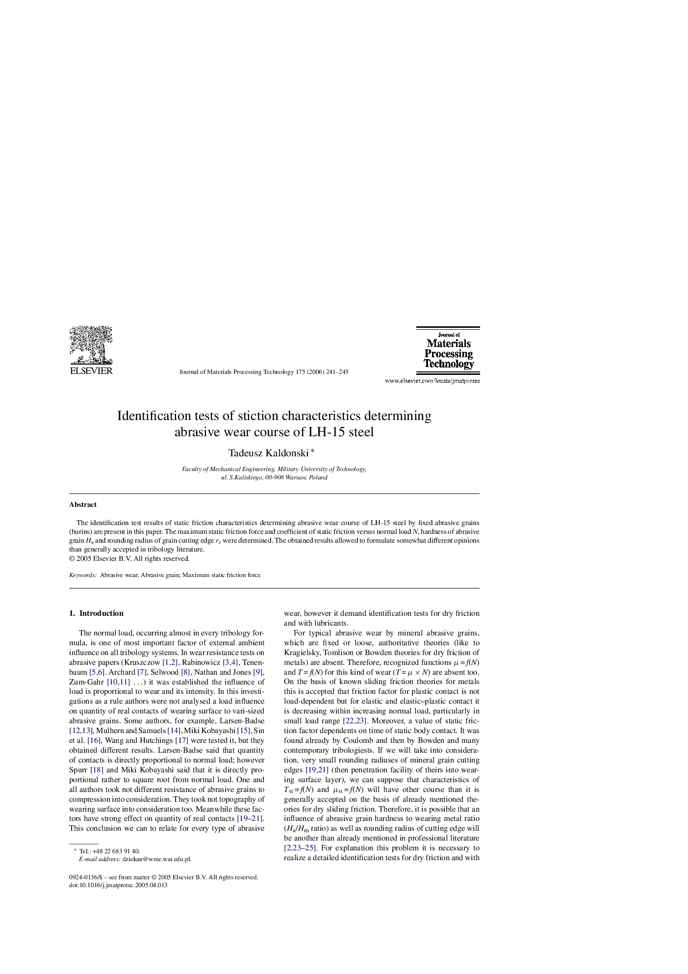 Identification tests of stiction characteristics determining abrasive wear course of LH-15 steel