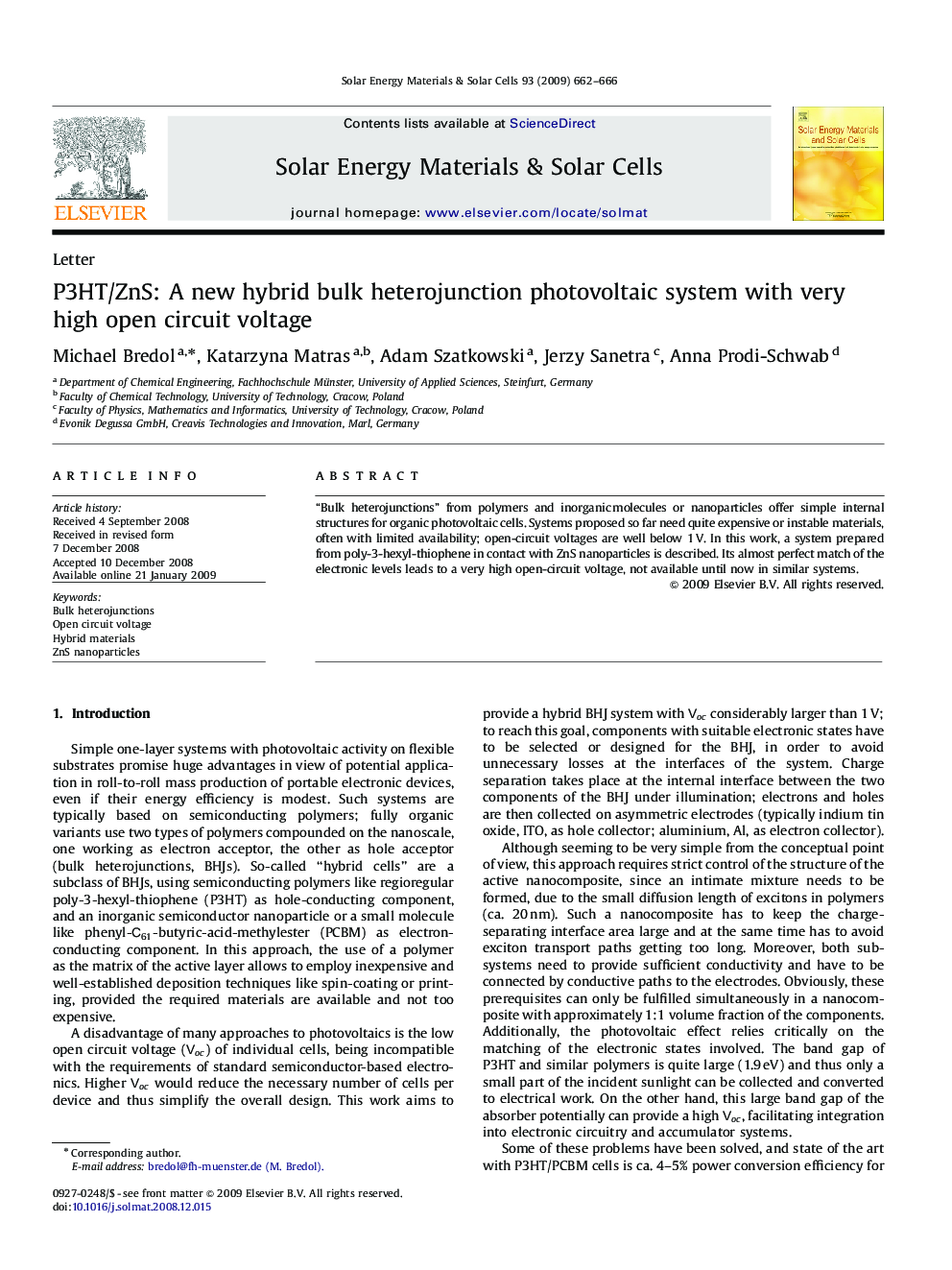 P3HT/ZnS: A new hybrid bulk heterojunction photovoltaic system with very high open circuit voltage