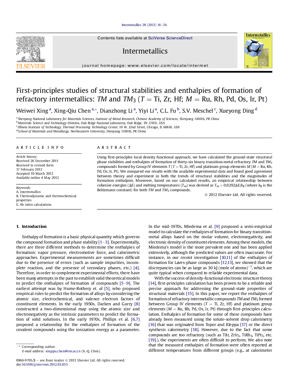 First-principles studies of structural stabilities and enthalpies of formation of refractory intermetallics: TM and TM3 (TÂ =Â Ti, Zr, Hf; MÂ =Â Ru, Rh, Pd, Os, Ir, Pt)