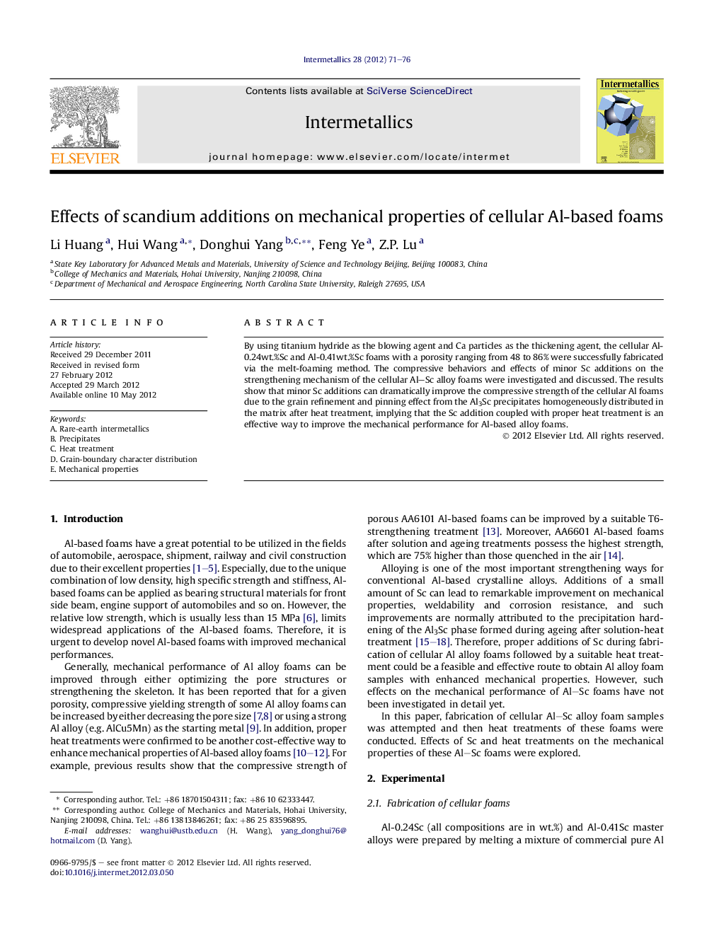 Effects of scandium additions on mechanical properties of cellular Al-based foams