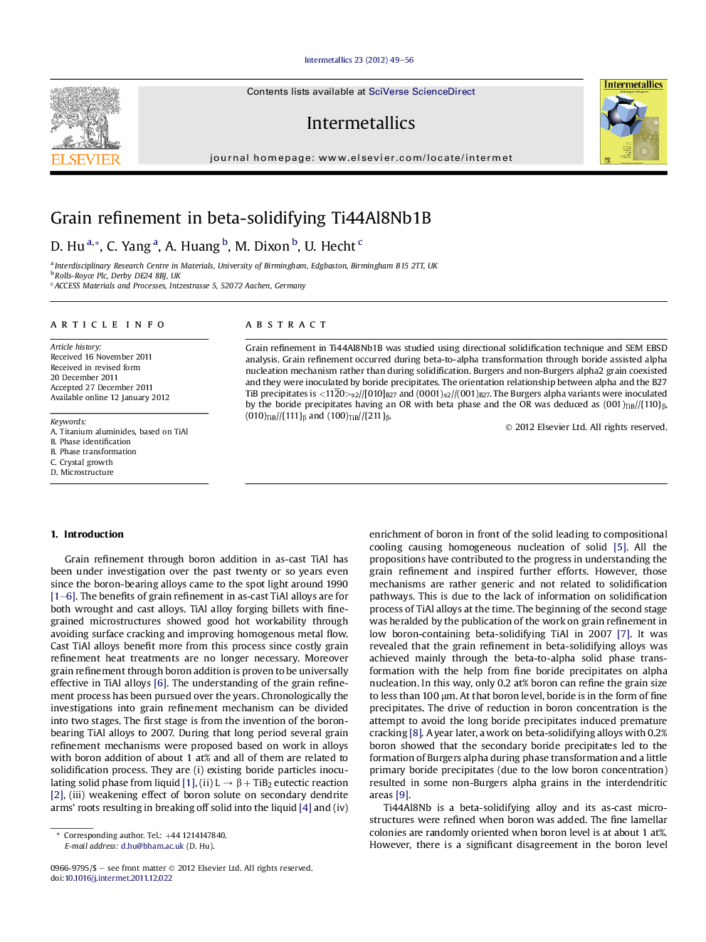 Grain refinement in beta-solidifying Ti44Al8Nb1B