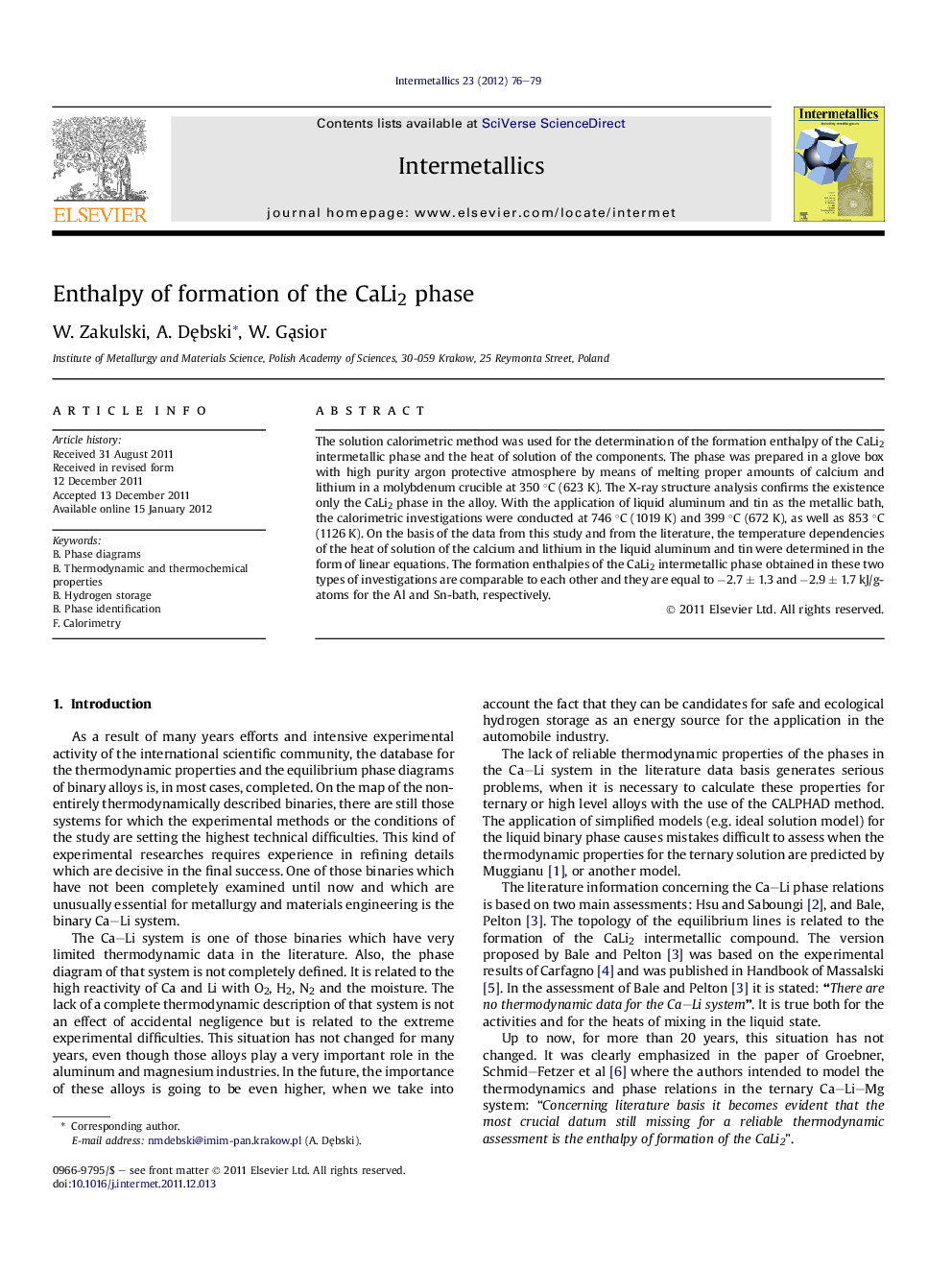 Enthalpy of formation of the CaLi2 phase