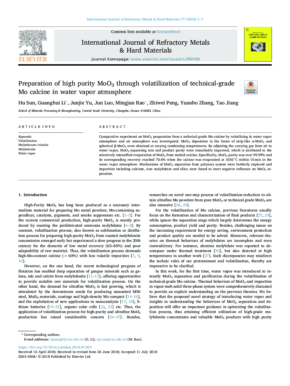 Preparation of high purity MoO3 through volatilization of technical-grade Mo calcine in water vapor atmosphere