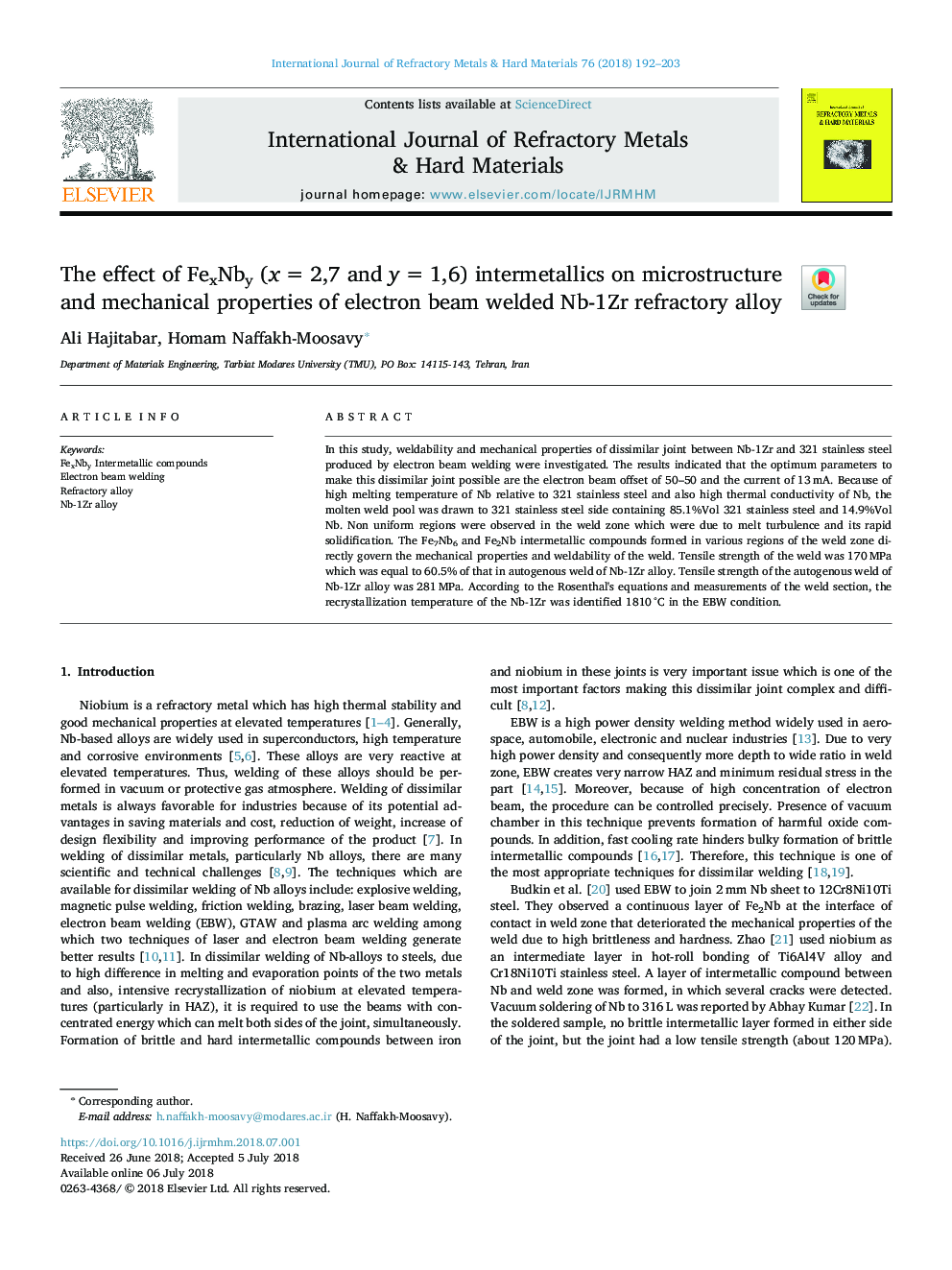 The effect of FexNby (xâ¯=â¯2,7 and yâ¯=â¯1,6) intermetallics on microstructure and mechanical properties of electron beam welded Nb-1Zr refractory alloy