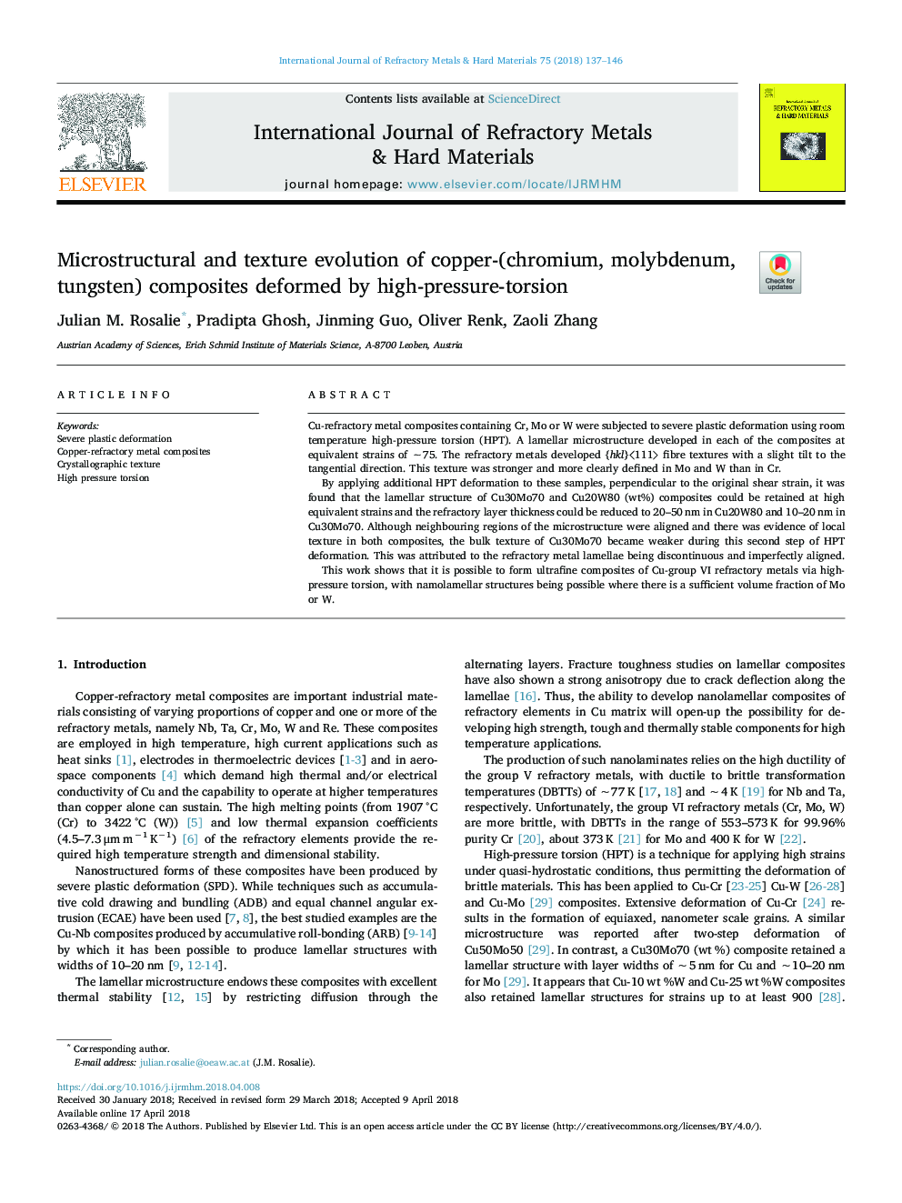 Microstructural and texture evolution of copper-(chromium, molybdenum, tungsten) composites deformed by high-pressure-torsion