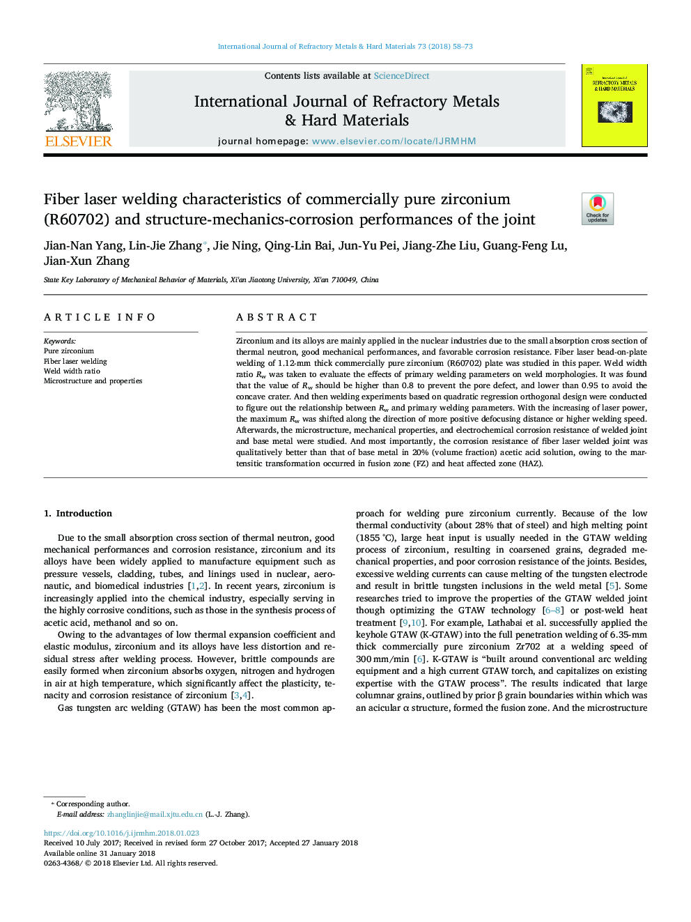 Fiber laser welding characteristics of commercially pure zirconium (R60702) and structure-mechanics-corrosion performances of the joint