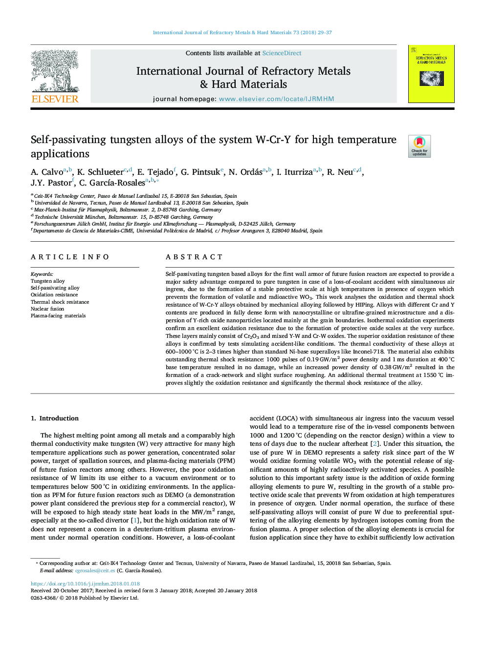 Self-passivating tungsten alloys of the system W-Cr-Y for high temperature applications