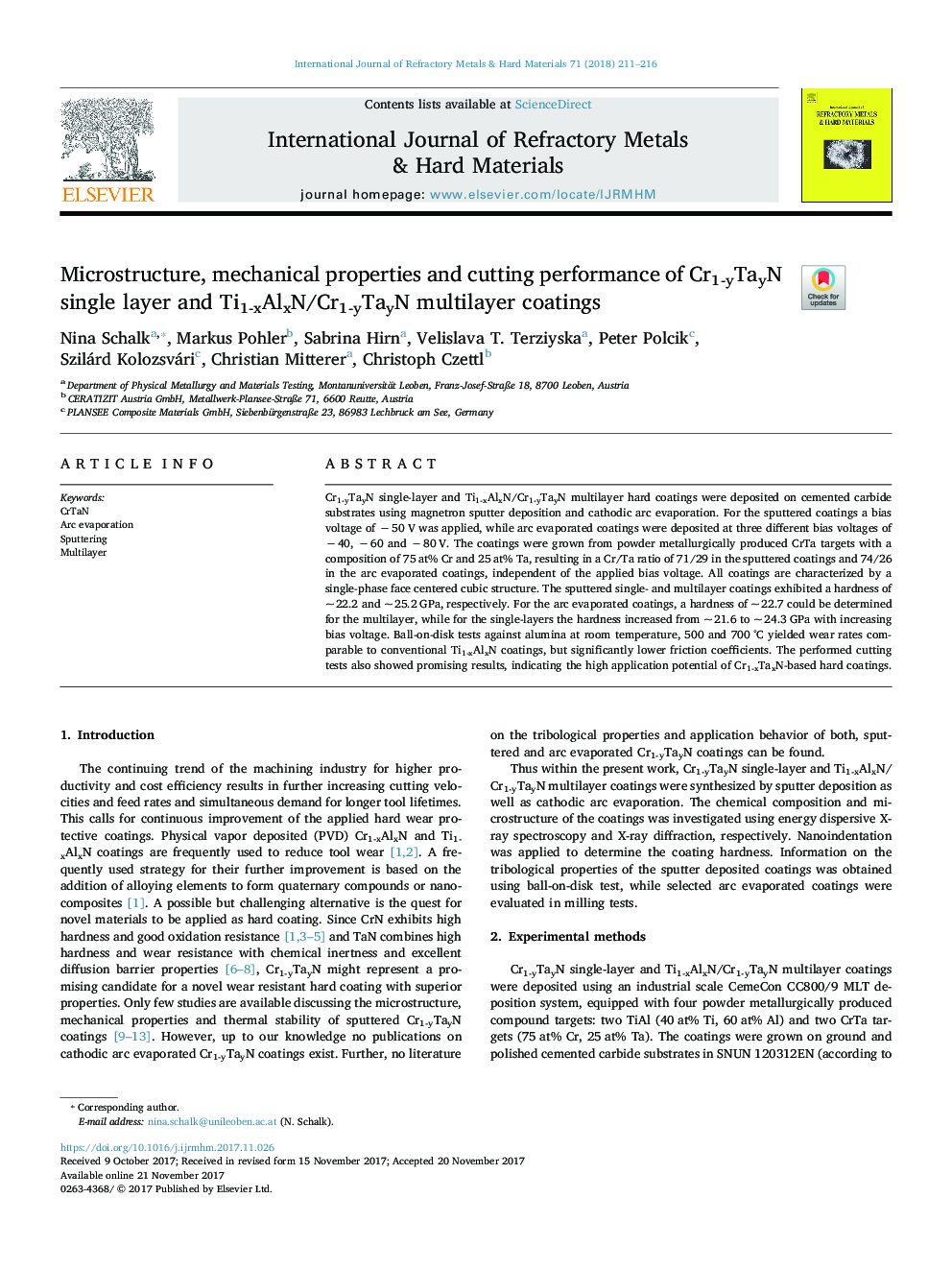 Microstructure, mechanical properties and cutting performance of Cr1-yTayN single layer and Ti1-xAlxN/Cr1-yTayN multilayer coatings