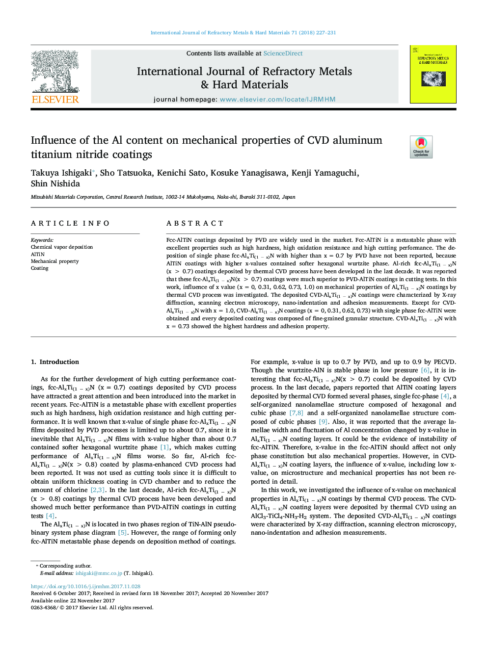 Influence of the Al content on mechanical properties of CVD aluminum titanium nitride coatings
