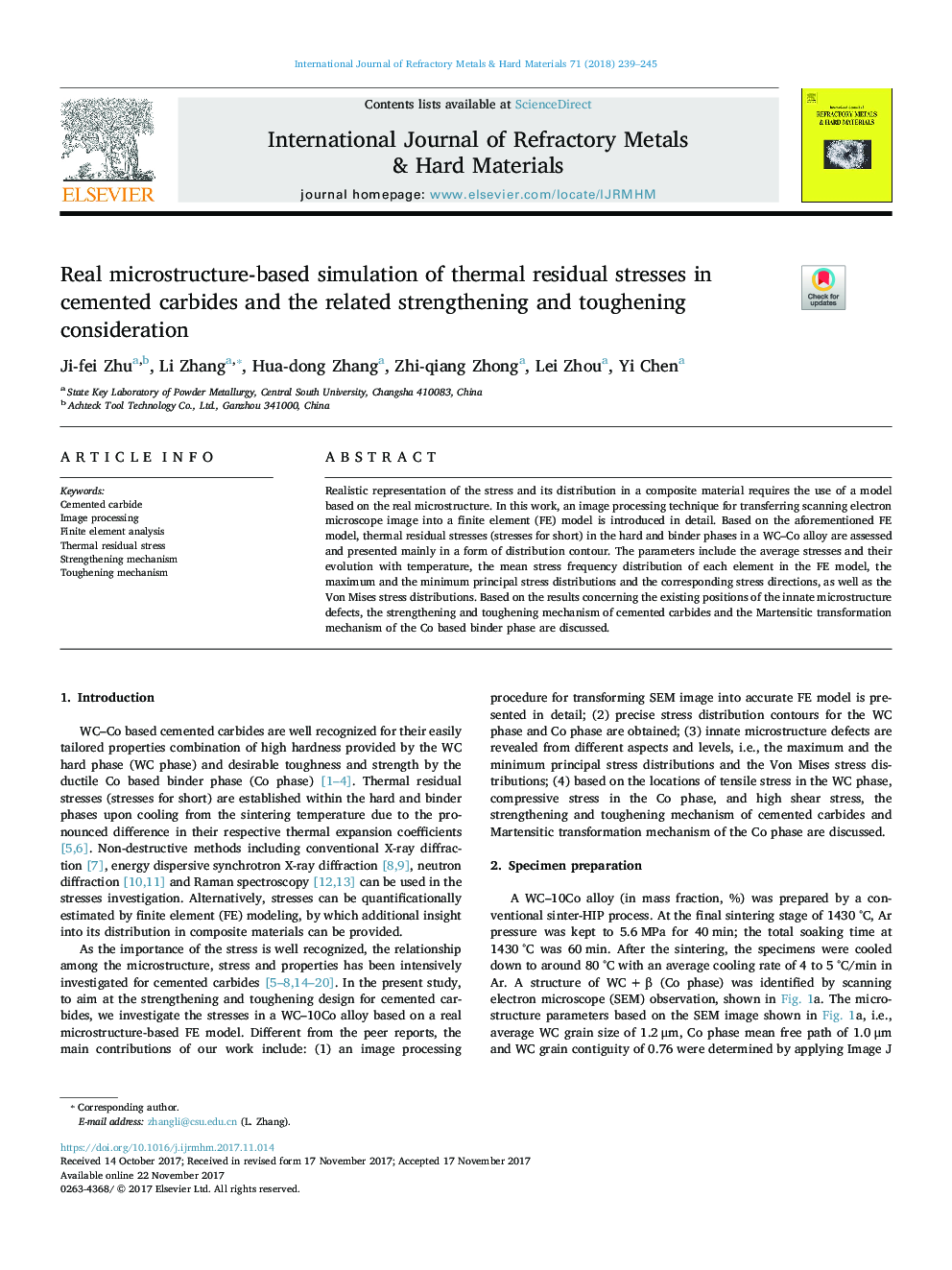 Real microstructure-based simulation of thermal residual stresses in cemented carbides and the related strengthening and toughening consideration