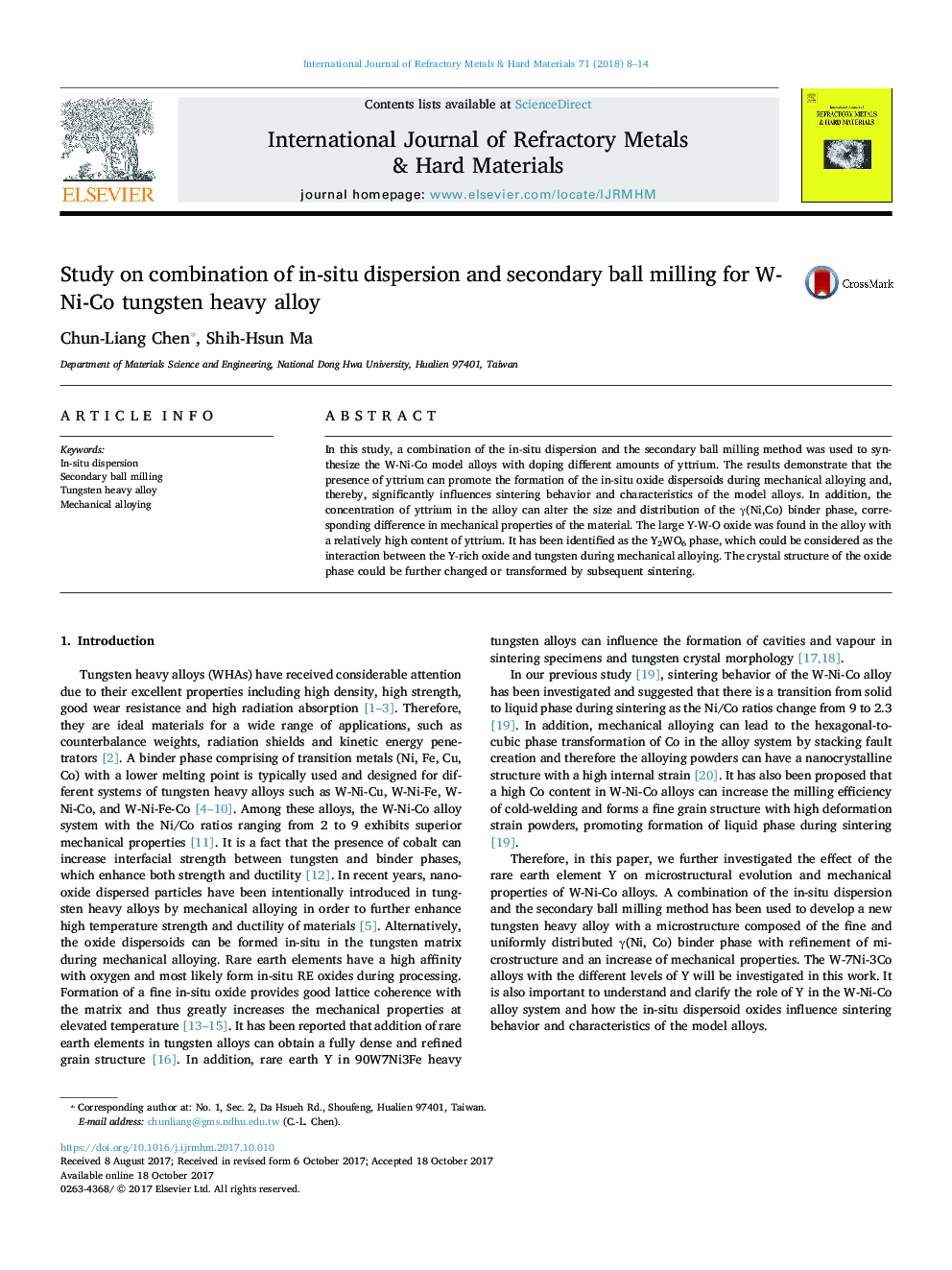 Study on combination of in-situ dispersion and secondary ball milling for W-Ni-Co tungsten heavy alloy