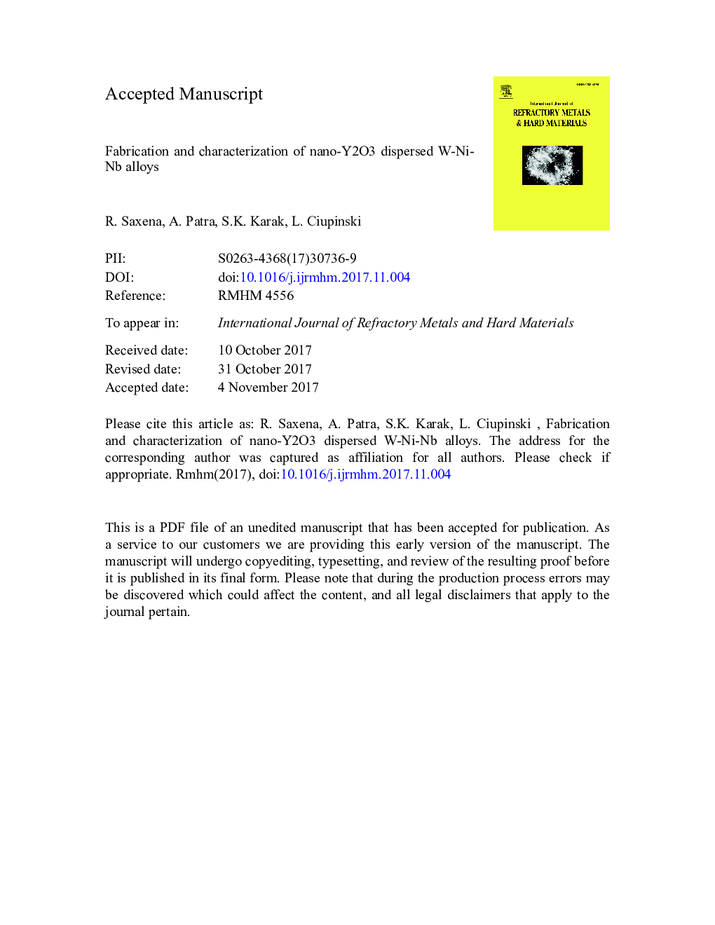 Fabrication and characterization of nano-Y2O3 dispersed W-Ni-Nb alloys