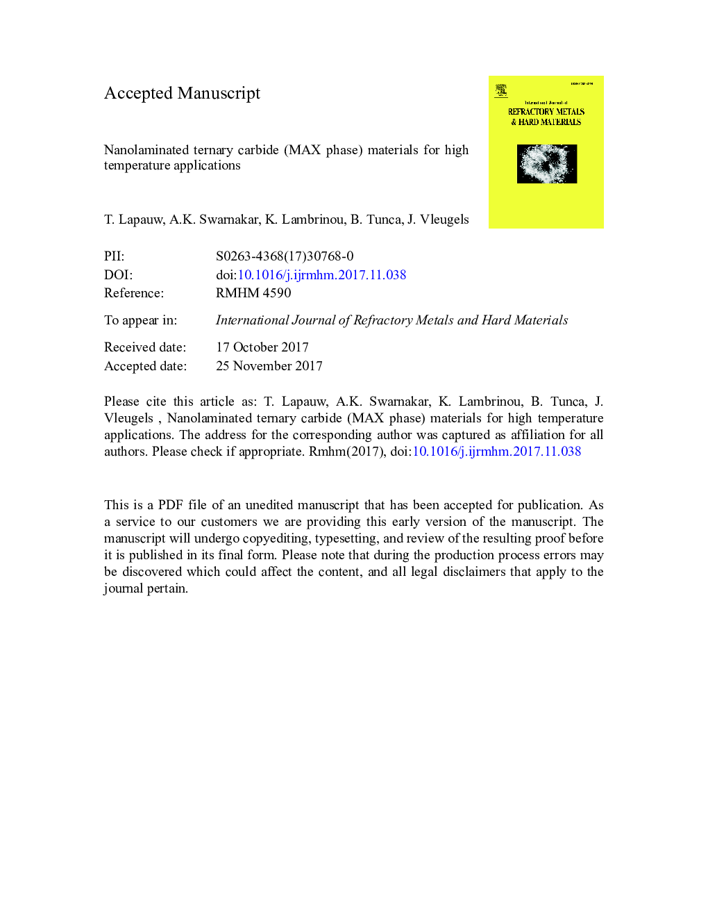 Nanolaminated ternary carbide (MAX phase) materials for high temperature applications