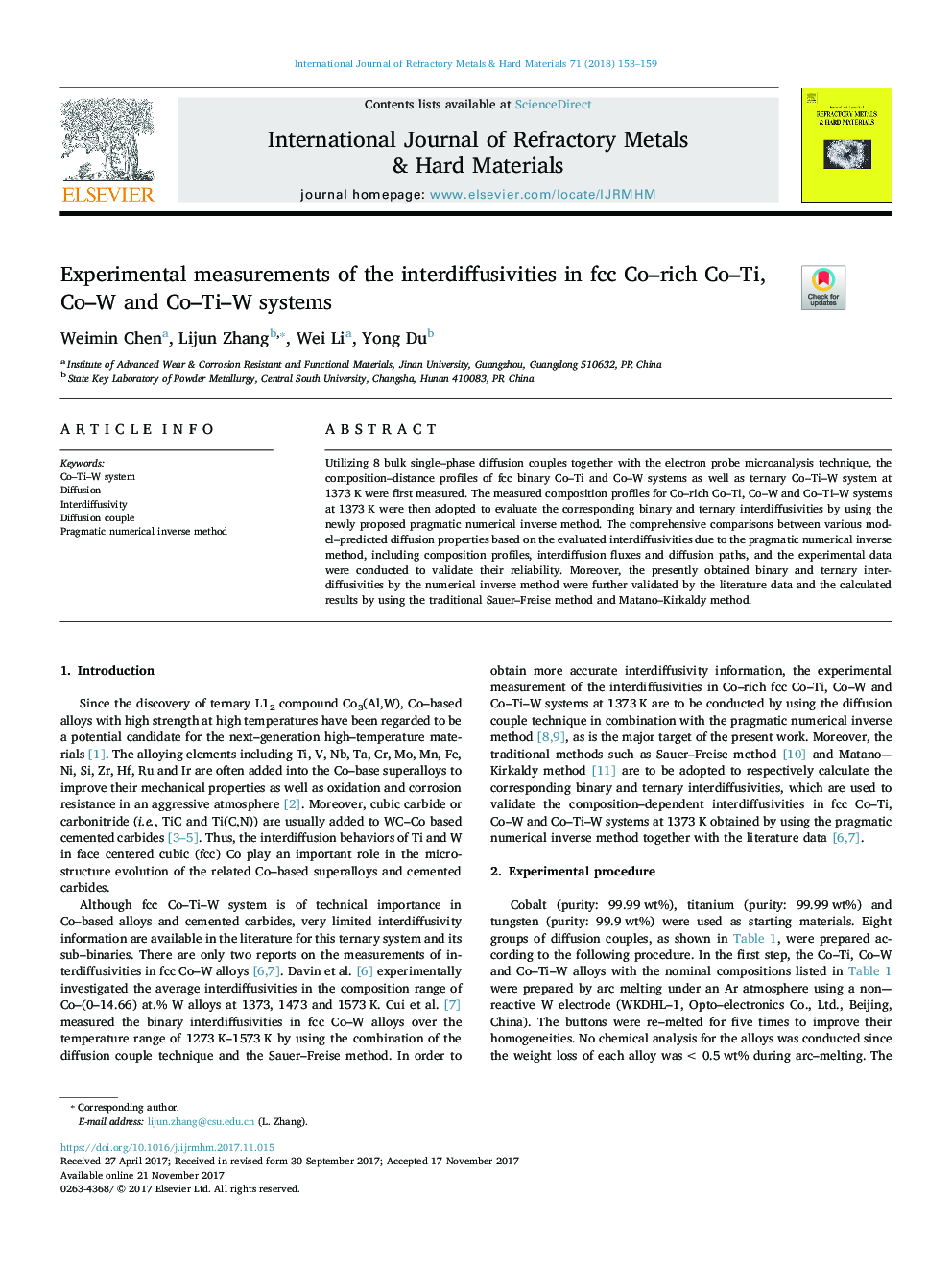 Experimental measurements of the interdiffusivities in fcc Co-rich Co-Ti, Co-W and Co-Ti-W systems