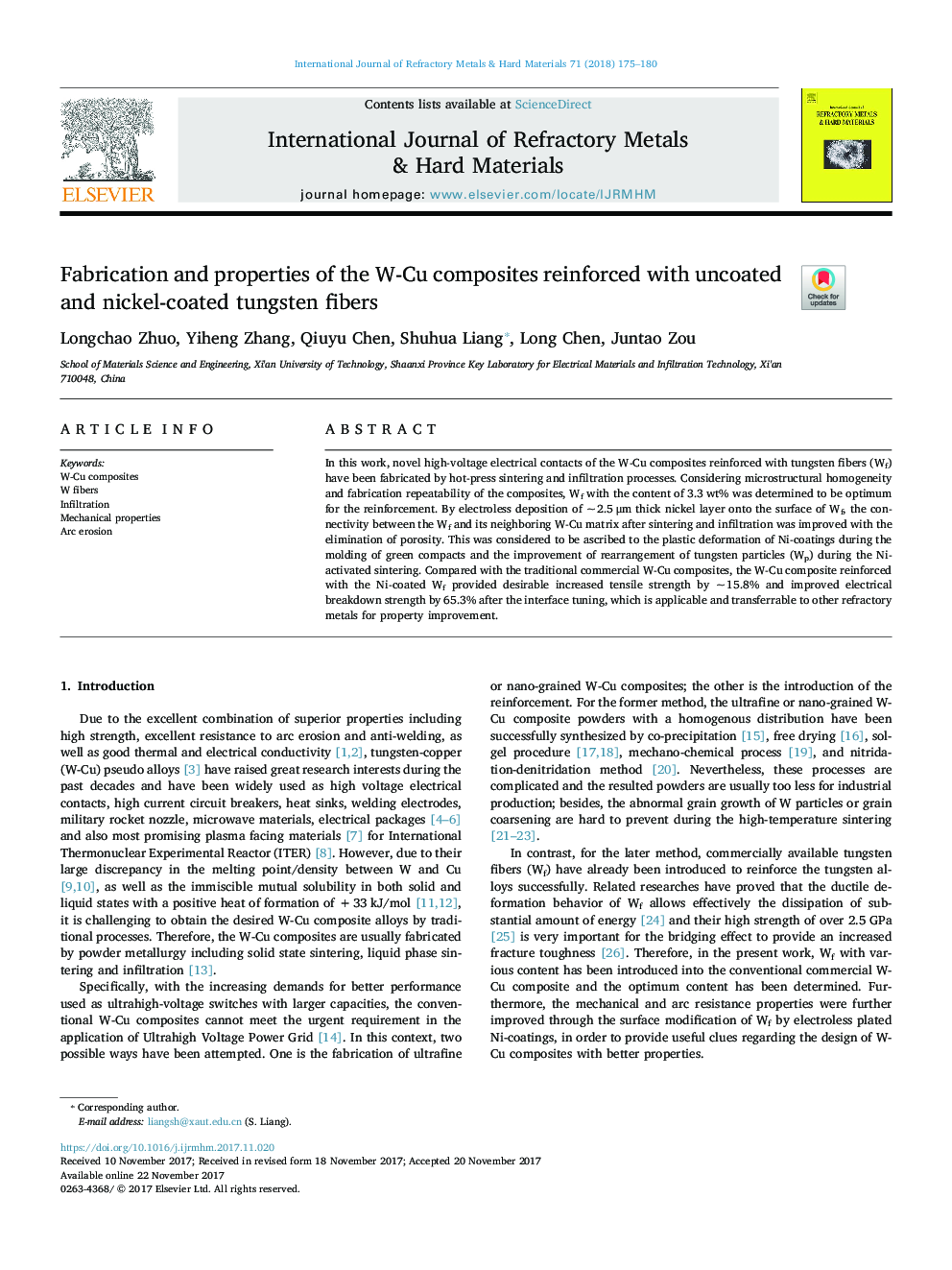 Fabrication and properties of the W-Cu composites reinforced with uncoated and nickel-coated tungsten fibers