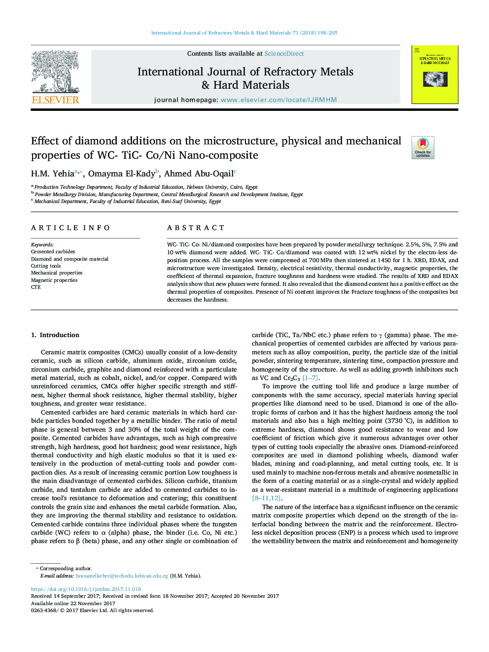 Effect of diamond additions on the microstructure, physical and mechanical properties of WC- TiC- Co/Ni Nano-composite