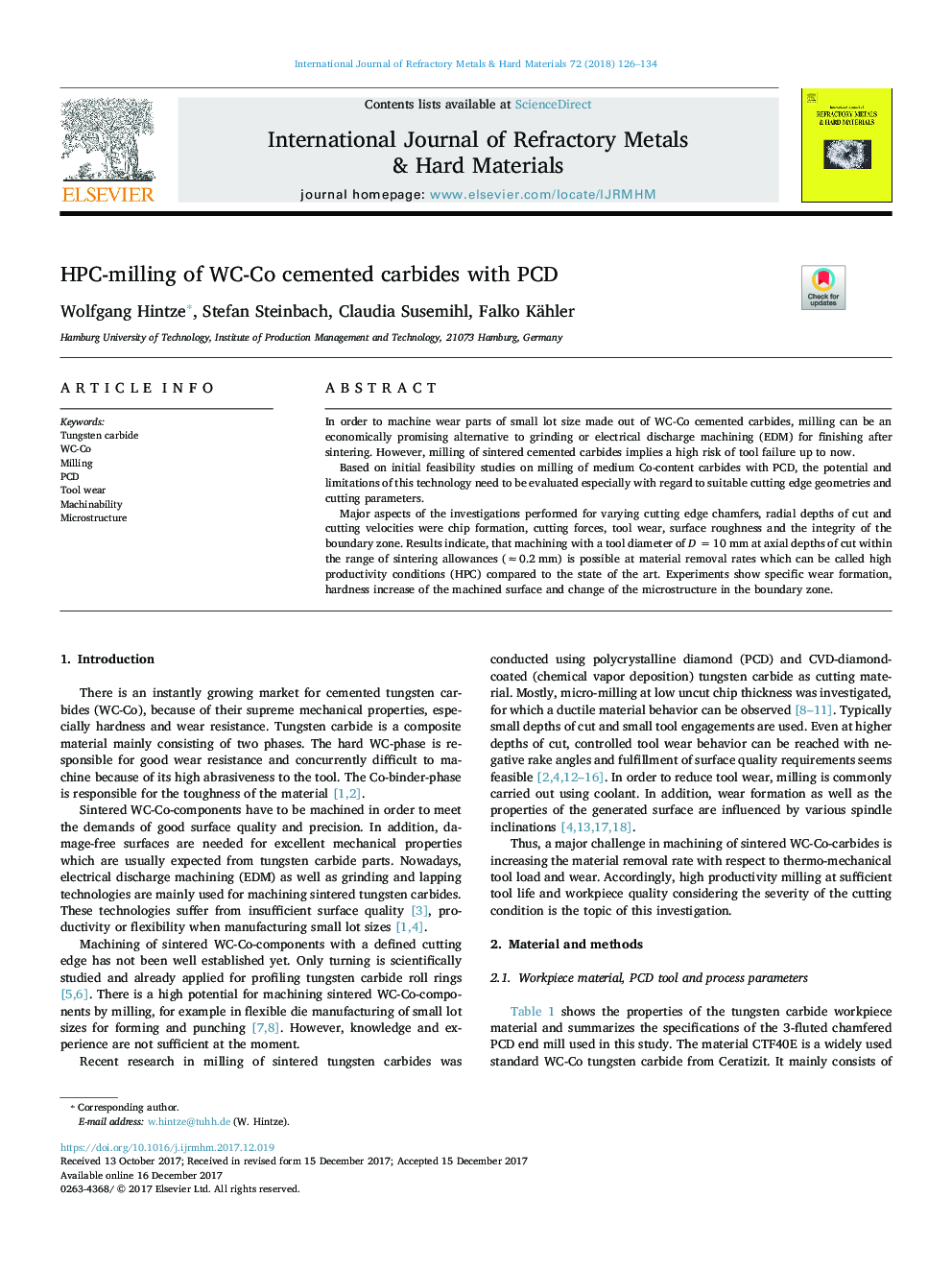 HPC-milling of WC-Co cemented carbides with PCD