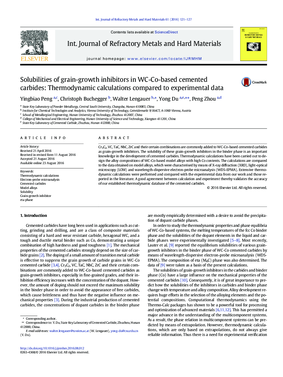 Solubilities of grain-growth inhibitors in WC-Co-based cemented carbides: Thermodynamic calculations compared to experimental data