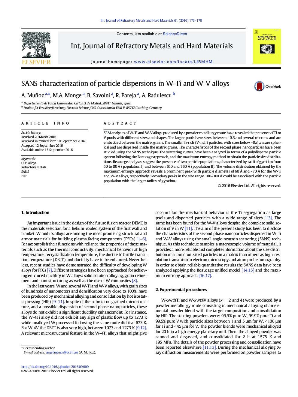 SANS characterization of particle dispersions in W-Ti and W-V alloys