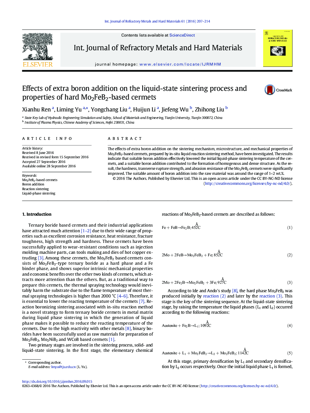 Effects of extra boron addition on the liquid-state sintering process and properties of hard Mo2FeB2-based cermets