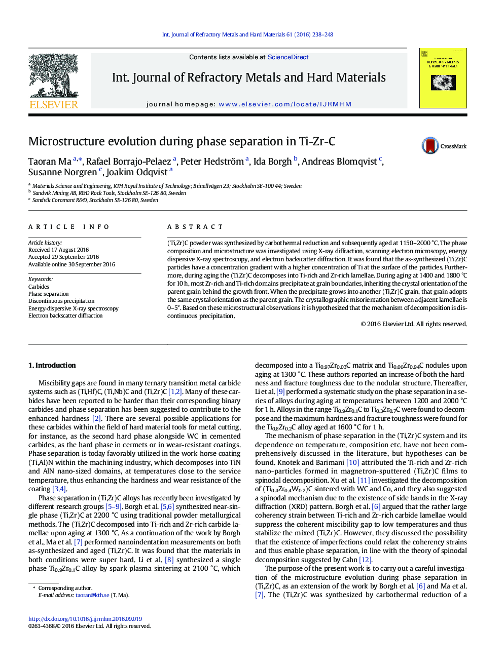 Microstructure evolution during phase separation in Ti-Zr-C