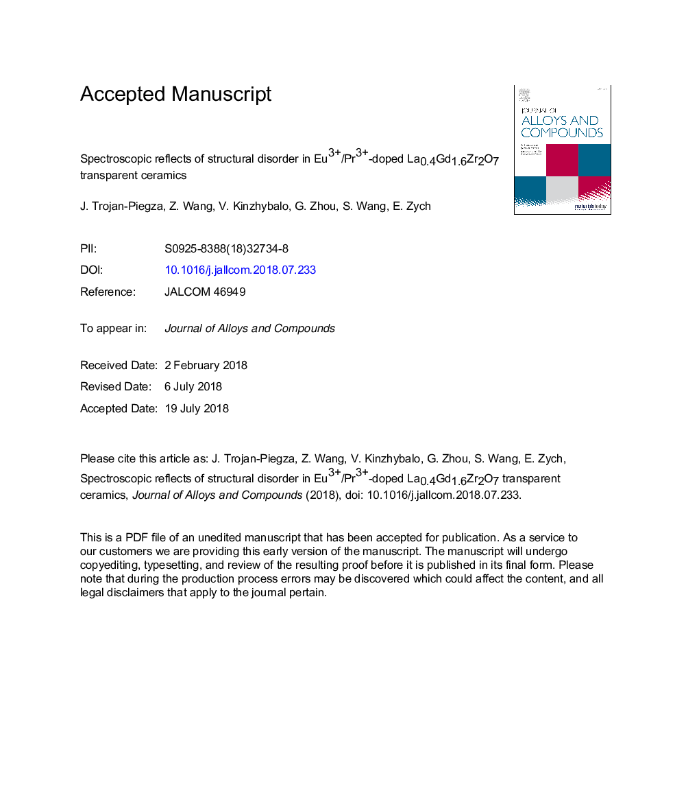 Spectroscopic reflects of structural disorder in Eu3+/Pr3+-doped La0.4Gd1.6Zr2O7 transparent ceramics