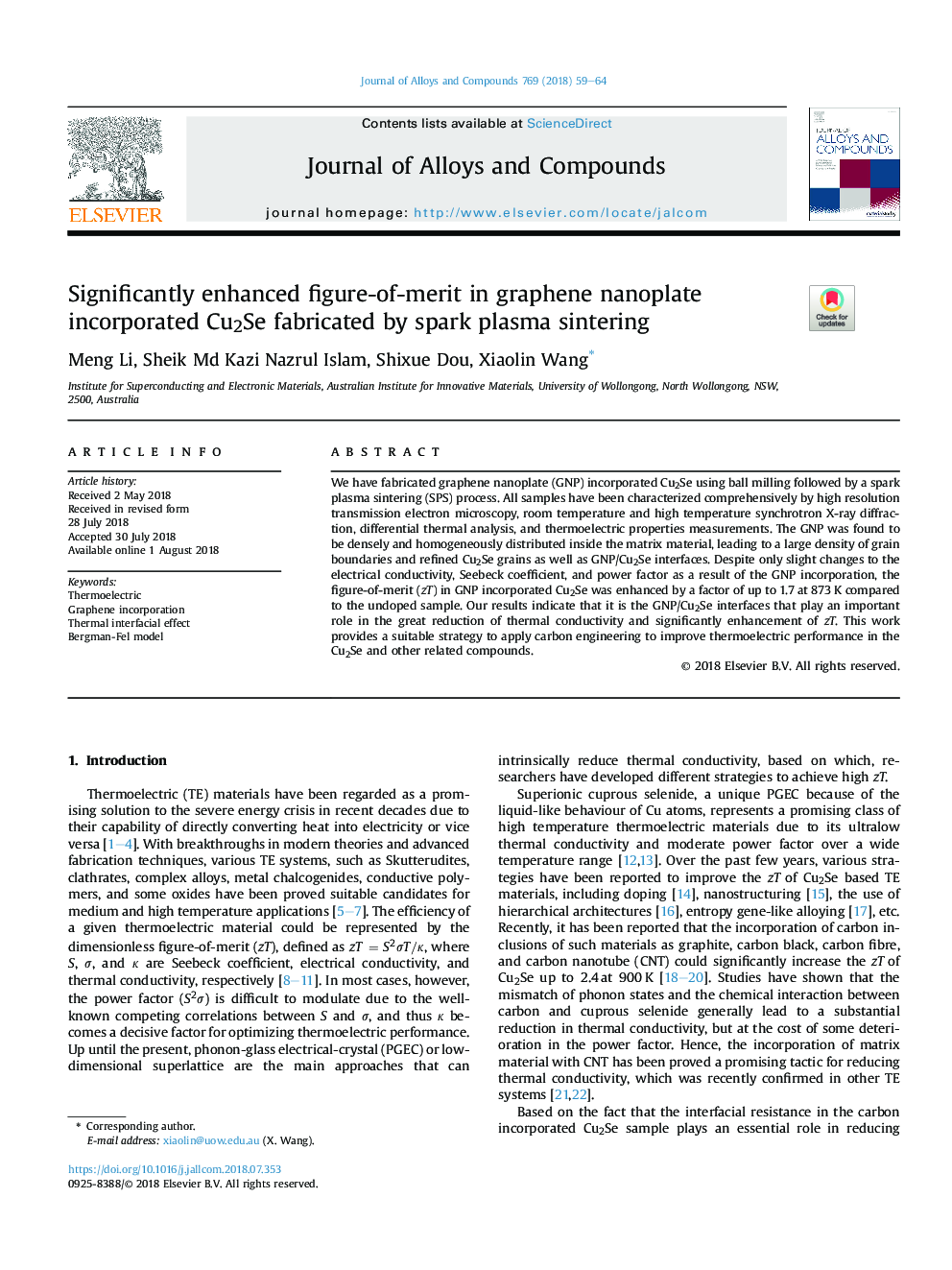 Significantly enhanced figure-of-merit in graphene nanoplate incorporated Cu2Se fabricated by spark plasma sintering