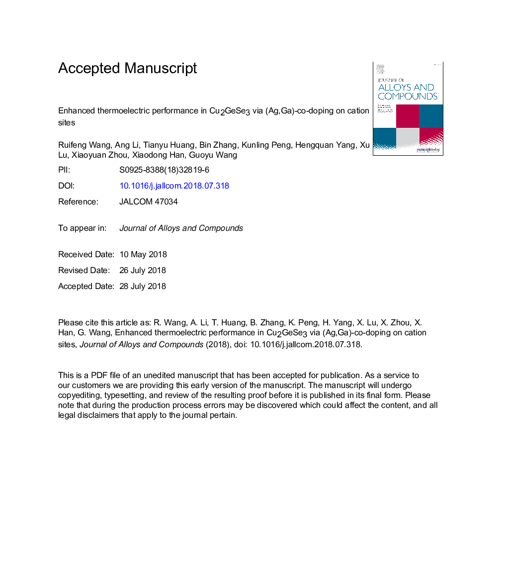 عکس صفحه اول مقاله: Enhanced thermoelectric performance in Cu2GeSe3 via (Ag,Ga)-co-doping on cation sites Enhanced thermoelectric performance in Cu2GeSe3 via (Ag,Ga)-co-doping on cation sites