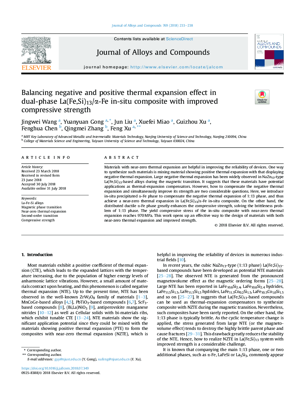 Balancing negative and positive thermal expansion effect in dual-phase La(Fe,Si)13/Î±-Fe in-situ composite with improved compressive strength