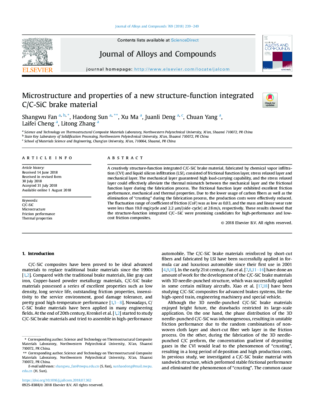 Microstructure and properties of a new structure-function integrated C/C-SiC brake material