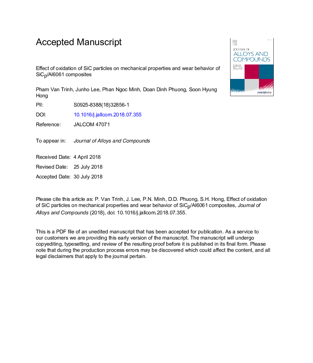 عکس صفحه اول مقاله: Effect of oxidation of SiC particles on mechanical properties and wear behavior of SiCp/Al6061 composites Effect of oxidation of SiC particles on mechanical properties and wear behavior of SiCp/Al6061 composites