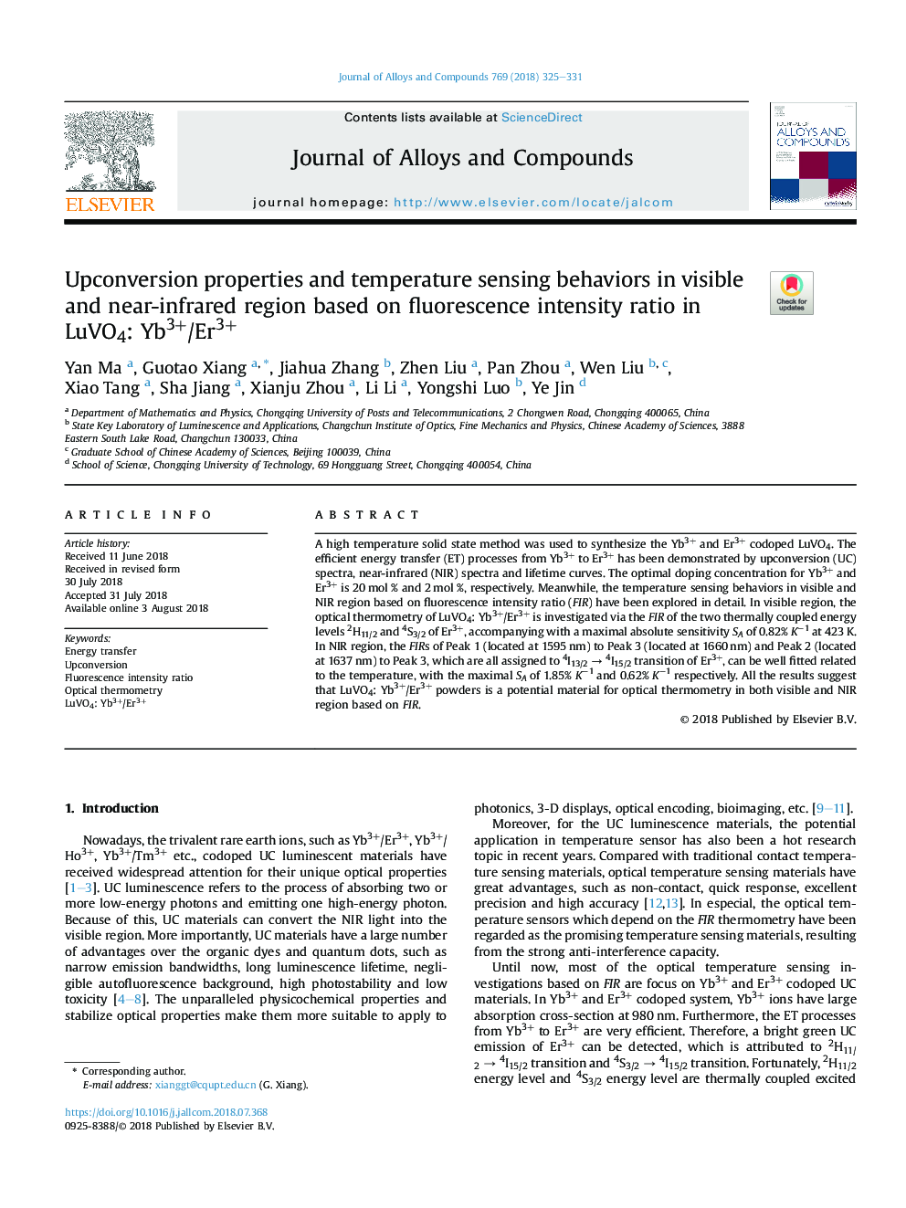 Upconversion properties and temperature sensing behaviors in visible and near-infrared region based on fluorescence intensity ratio in LuVO4: Yb3+/Er3+