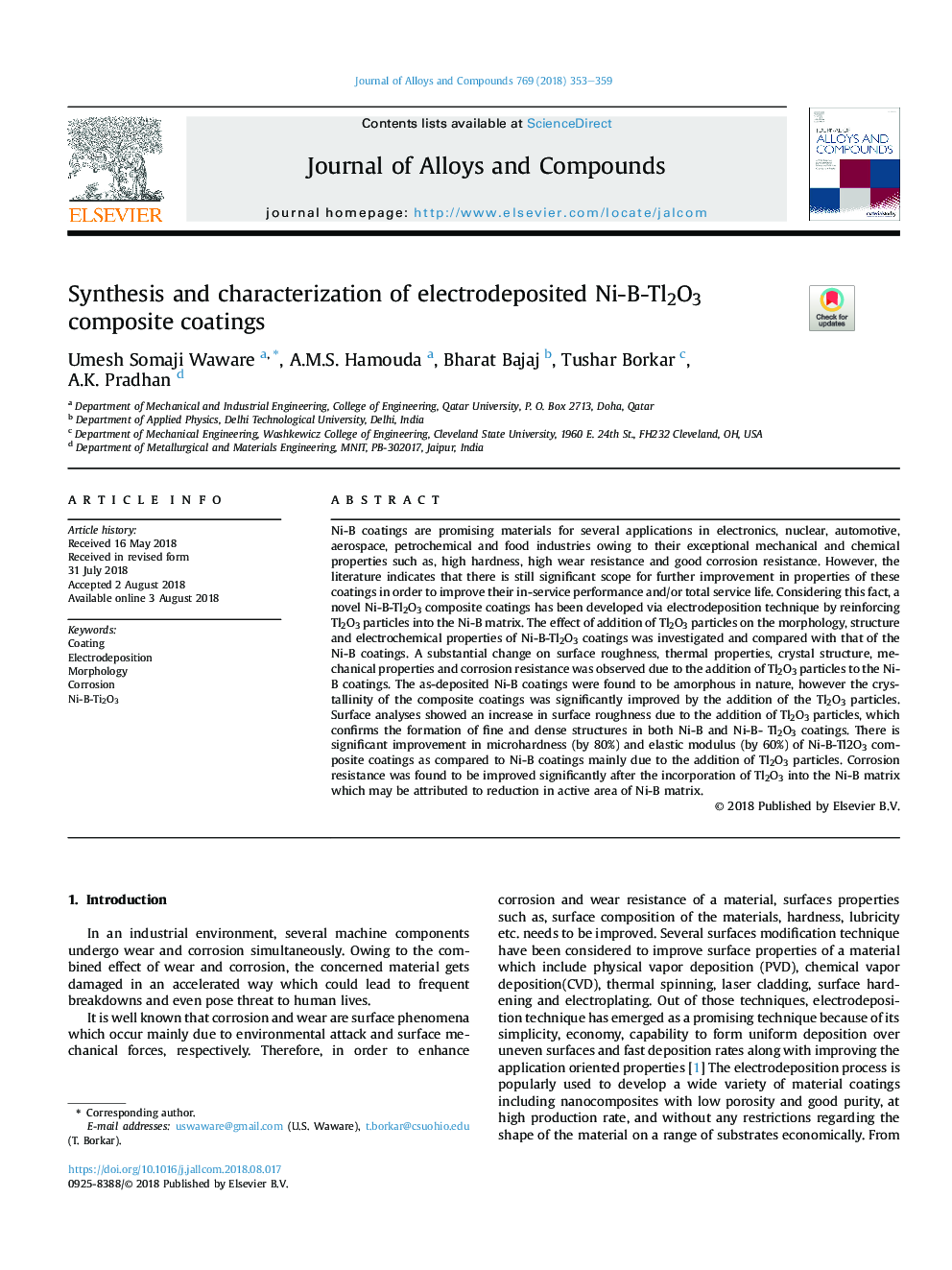 Synthesis and characterization of electrodeposited Ni-B-Tl2O3 composite coatings