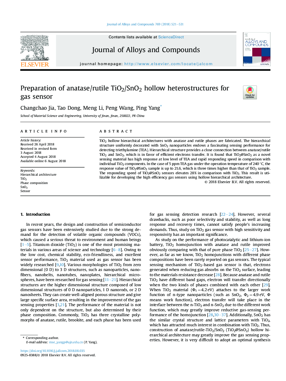 Preparation of anatase/rutile TiO2/SnO2 hollow heterostructures for gas sensor