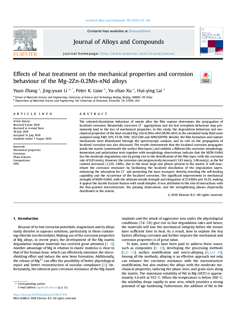 Effects of heat treatment on the mechanical properties and corrosion behaviour of the Mg-2Zn-0.2Mn-xNd alloys