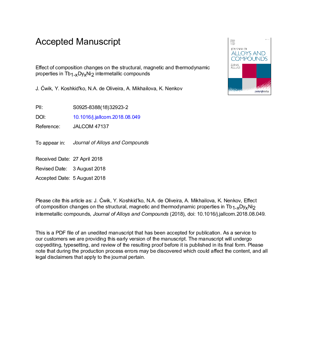 عکس صفحه اول مقاله: Effect of composition changes on the structural, magnetic and thermodynamic properties in Tb1-xDyxNi2 intermetallic compounds Effect of composition changes on the structural, magnetic and thermodynamic properties in Tb1-xDyxNi2 intermetallic compounds