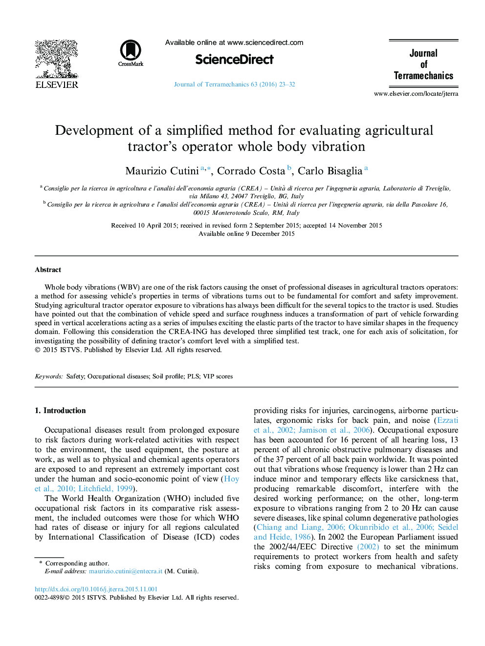 Development of a simplified method for evaluating agricultural tractor’s operator whole body vibration